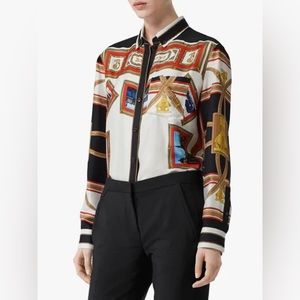 Burberry Button-down Collar Collage Scarf Print Silk Shirt. US size 10